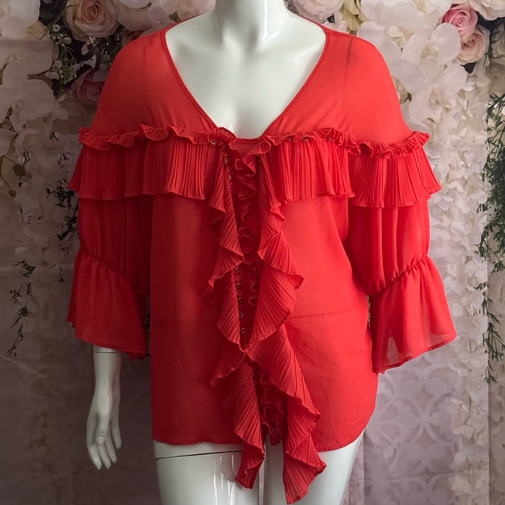 26/28- Grommeted Ruffle Pleated Coral/Orange Blouse- NWOT